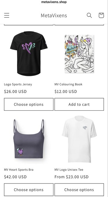 Screenshot of the metavixens.shop website displaying products including a 'Logo Sports Jersey' ($26.00 USD), 'MV Colouring Book' ($12.00 USD), 'MV Heart Sports Bra' ($42.00 USD), and 'MV Logo Unisex Tee' (From $23.00 USD).