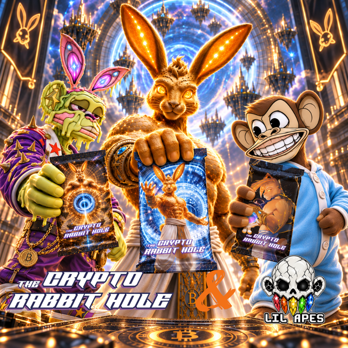 A promotional image features anthropomorphic characters including a golden rabbit, a green creature, and a monkey holding 'CRYPTO RABBIT HOLE' snack packages, with 'THE CRYPTO RABBIT HOLE' and 'LIL APES' logos.
