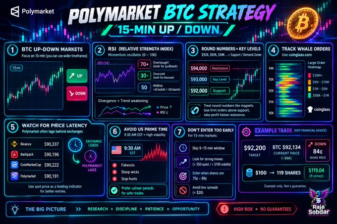 An infographic titled 'POLYMARKET BTC STRATEGY: 15-MIN UP / DOWN' outlining trading tips using RSI, round numbers, whale orders, and price latency, with an example trade showing a BTC target of $92,200 and market of $92,134, credited to Raja Sobdar.