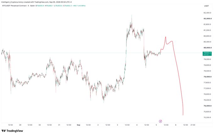 A TradingView chart of BTCUSDT Perpetual Contract showing a 5-minute candlestick view with a prominent red line projecting a sharp downward move from around $79,800 toward $74,400, illustrating the "maybe something like this" bearish price prediction mentioned in the post.