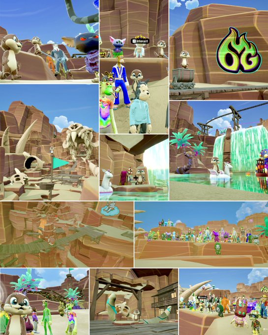 A collage of screenshots from a 3D multiplayer online game featuring various anthropomorphic animal and monster avatars exploring a desert-like environment with skeletons, a waterfall, and an 'OG' flame logo.