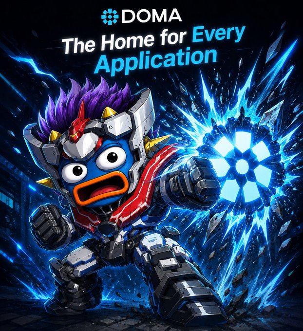 Promotional artwork for DOMA with the tagline "The Home for Every Application," featuring a blue cartoonish robot-like character with purple hair and mechanical armor punching forward.