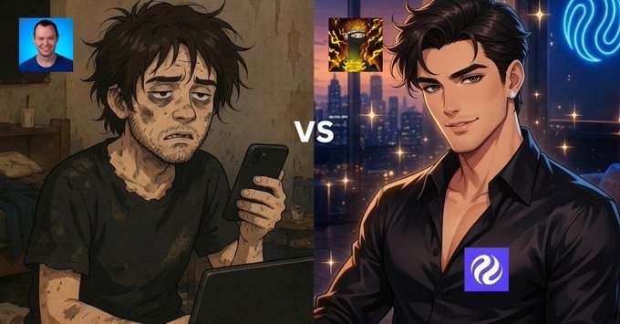 The image shows two cartoon characters, one with a cell phone and another with a laptop. They are depicted as having different interests or hobbies. The character holding the cell phone appears to be engaged in a social activity like texting or browsing the internet, while the other character is focused on work or studying using their laptop.