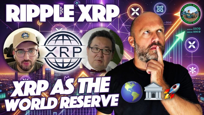 A YouTube thumbnail titled 'RIPPLE XRP - XRP AS THE WORLD RESERVE' featuring three men's faces, a large XRP globe logo, and various cryptocurrency and financial icons.