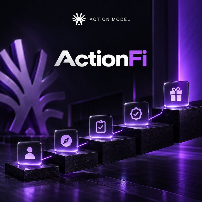 A promotional graphic for 'Action Model' and 'ActionFi' featuring five glass cubes with purple glowing icons (user, compass, clipboard, checkmark, and gift) arranged in ascending staircase formation.