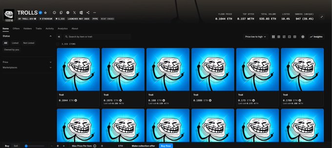 A screenshot of the 'TROLLS' NFT marketplace showing multiple identical Trollface meme NFT listings on a dark interface.
