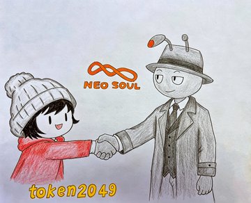 Hand-drawn illustration showing a young girl in a red coat and white beanie shaking hands with a tall humanoid figure in a gray suit and hat with a plunger on its head, labeled 'NEO SOUL' and 'token2049'.
