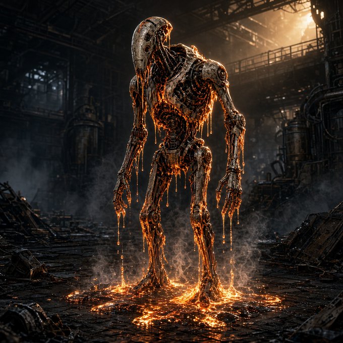 A dark, atmospheric digital artwork of a humanoid robot figure covered in dripping molten orange liquid, standing in a ruined industrial environment with steam rising around it.