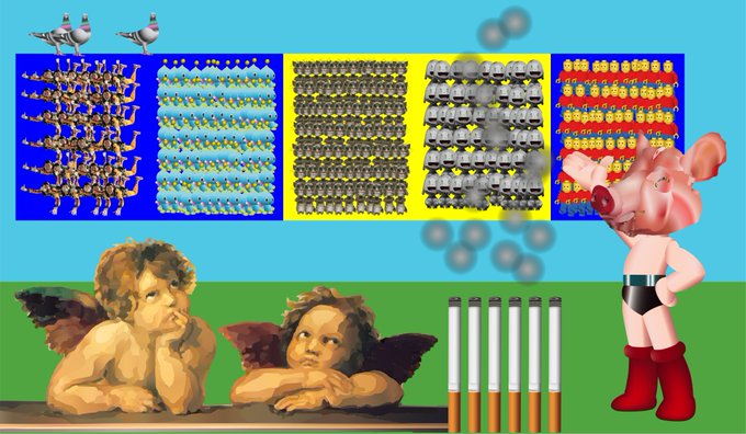 A surreal digital collage featuring cherubs, a pig-headed figure in boots, pigeons, cannons, smoke clouds, and rows of repeating small images in colored panels.