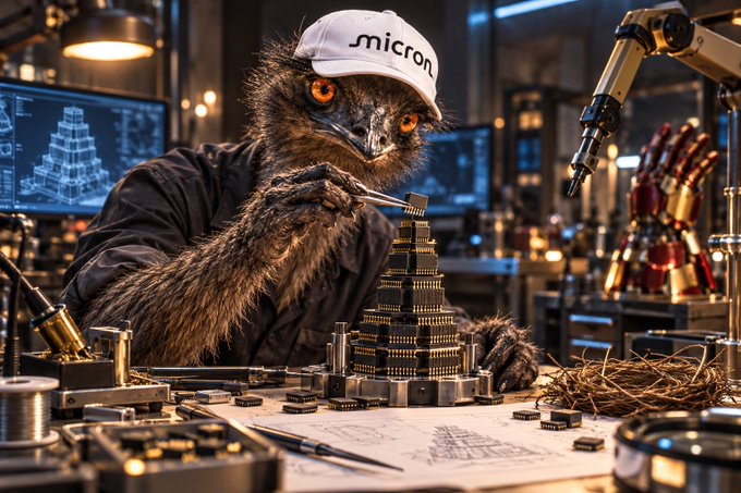 An anthropomorphic owl wearing a hard hat labeled 'micron' works on intricate mechanical components in a workshop setting.
