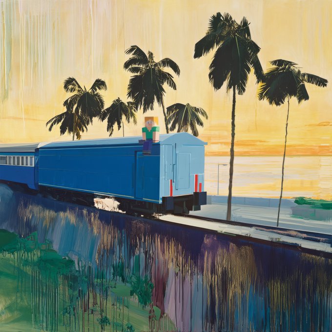 A pixel art style painting depicting a blonde character sitting atop a blue train car, with palm trees silhouetted against a yellow and orange sunset sky.
