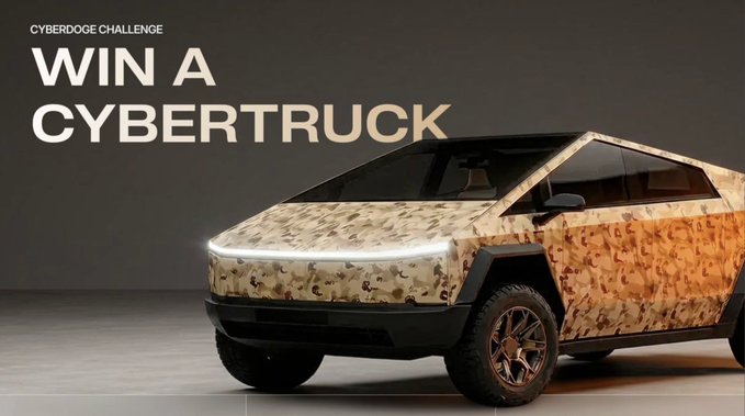 The image features a car with camouflage paint, which has been altered to resemble a desert animal or plant. The car's design includes a camouflage pattern on its exterior, giving it an interesting and unique appearance. The text "Win A CyberTRUCK" is displayed in white letters above the car, indicating that this is a contest for a car designed like a cyber truck.

The post also mentions a "CyberDodge Challenge", which suggests that the image might be related to a competition or promotion involving cars and technology. The text "Focus on what is in the image" implies that the viewer should pay attention to the details of the camouflage pattern, while the "@cybertruck" part indicates that this car design could potentially be associated with the CyberDodge brand.