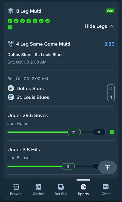 A mobile sports betting app screenshot shows an '8 Leg Multi' marked as 'Win,' featuring a Dallas Stars vs St. Louis Blues matchup with scores 0-4, and prop bets including 'Under 29.5 Saves' by Joel Hofer and 'Under 3.5 Hits' by Lian Bichsel.