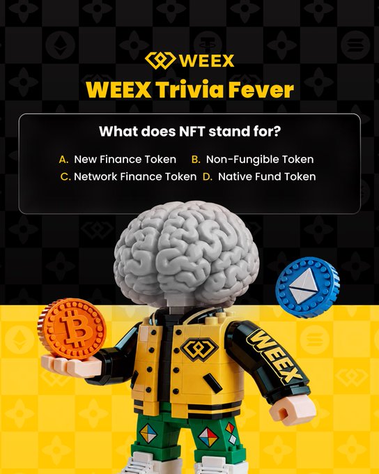 A WEEX Trivia Fever Day 6 graphic featuring a LEGO-style figure with a brain for a head holding Bitcoin and Ethereum coins, posing the question "What does NFT stand for?" with answer options A-D including "Non-Fungible Token" (the correct answer).

The image illustrates the daily crypto trivia challenge promoted in the post, where participants answer questions like this NFT definition quiz for a chance to win from the $300 prize pool.