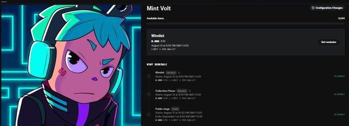 A web interface for 'Mint Volt' featuring a cartoon character with teal hair and headphones, alongside a 'Windvane' mint schedule listing dates like August 31 and September 1 with XTN allocations.
