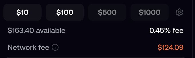A dark interface showing preset purchase amounts ($10, $100, $500, $1000), a balance of "$163.40 available", a "0.45% fee", and a "Network fee" of "$124.09".