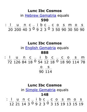 The image displays gematria calculations for the phrase "Lunc 1bc Cosmos" across three systems—Hebrew (590), English (888), and Simple (148)—breaking down each letter with assigned numerical values. The accompanying post interprets 888 as a vertically formed infinity symbol representing cyclical completion and the bridge between material and spiritual realms, tying the numerology to crypto tickers like LUNC, ATOM, USTC, and XRP.