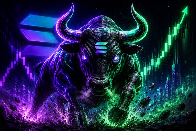 A powerful neon-glowing bull charges forward, surrounded by green and purple energy, with a Solana logo on its forehead and a rising green price chart in the background, symbolizing bullish momentum for the SOL ecosystem and the $CURB token.