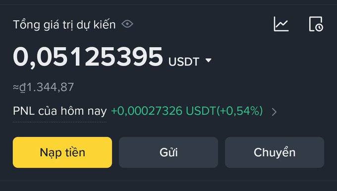 A cryptocurrency exchange interface in Vietnamese showing a price of 0.05125395 USDT (~đ1.344.87) with a 0.54% daily gain, featuring yellow "Nạp tiền" and grey "Gửi" and "Chuyển" buttons.