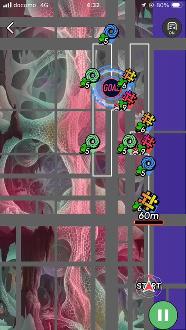 A mobile game screenshot showing a puzzle/pathway map with snake-like and wrapped obstacles labeled with numbers (5, 6, 9) leading to a 'GOAL' and 'START' marker, with a 60m distance indicator.