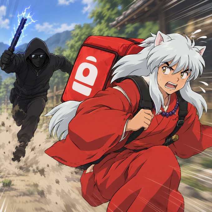 Anime-style illustration of a white-haired character in a red robe being chased by a hooded figure wielding an electrified baton, while carrying a red Igloo-branded cooler on their back.