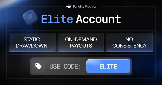 A promotional banner for 'FundingPredicts Elite Account' listing features 'STATIC DRAWDOWN', 'ON-DEMAND PAYOUTS', 'NO CONSISTENCY' and a code 'ELITE'.