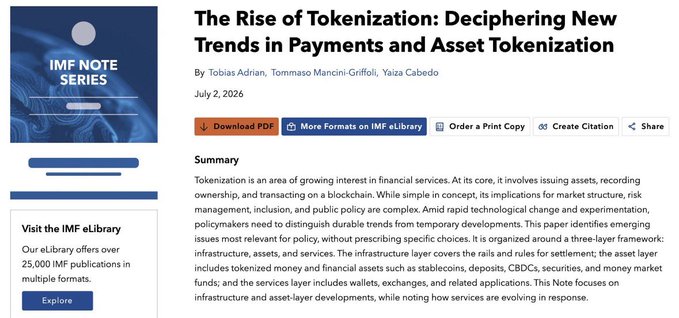 The image shows the IMF eLibrary page for "The Rise of Tokenization: Deciphering New Trends in Payments and Asset Tokenization," an IMF Note Series publication dated July 2, 2026, by Tobias Adrian, Tommaso Mancini-Griffoli, and Yaiza Cabedo. The post relates to this IMF report by highlighting that the publication explicitly references the XRP Ledger as a blockchain where banks like Société Générale issue stablecoins (e.g., EURCV), connecting the broader tokenization trends discussed in the paper to the XRP ecosystem specifically.