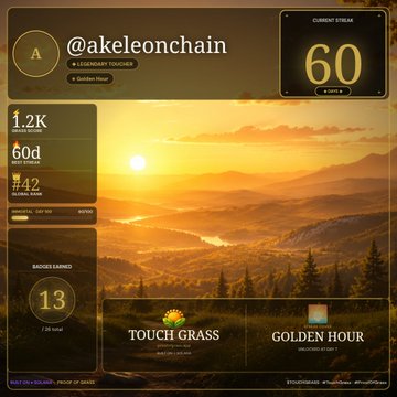 A TouchGrass dashboard interface displays the username '@akeleonchain' with stats including 1.2K tokens, 60d streak, #42 global rank, 13 badges earned, and a current streak of 60, labeled 'Golden Hour' over a sunset landscape.