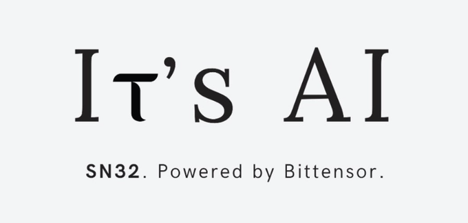 The image displays the title "IT'S AI" in large black serif text, with "SN32. Powered by Bittensor." written beneath it, directly referencing the ticker and company mentioned in the post about SN32's AI detection tool expanding its capabilities to include OCR for reading text from scanned and image-based documents.