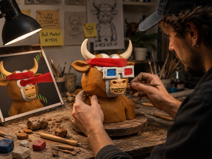 Artist sculpting a clay bull figure with a red headband and 3D glasses in his studio, with 'CLAY STONKZ' branding and 'Bull Market #1904' visible on the wall behind him.