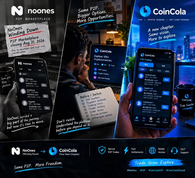 A promotional graphic for CoinCola, announcing that the NoOnes P2P marketplace is winding down and closing on Aug 21, 2026, with the tagline 'Same P2P. More Freedom.' and mentions of trading 100+ cryptocurrencies.