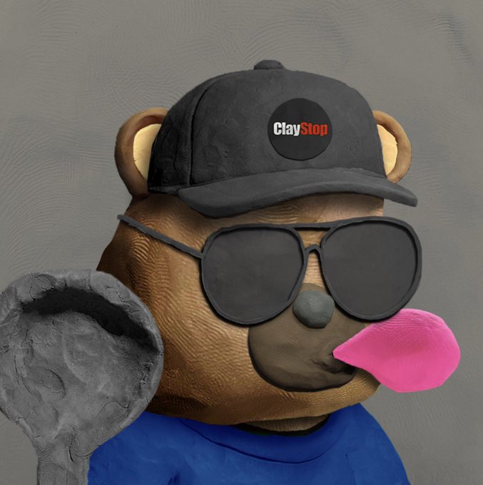 A ClayStop teddy bear character wearing a black baseball cap and sunglasses, sticking out its pink tongue while waving.
