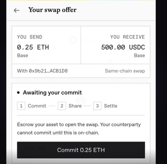 A mobile interface for a cryptocurrency swap shows the user sending 0.25 ETH to receive 500.00 USDC on the Base network, awaiting a commitment step labeled "Commit 0.25 ETH."