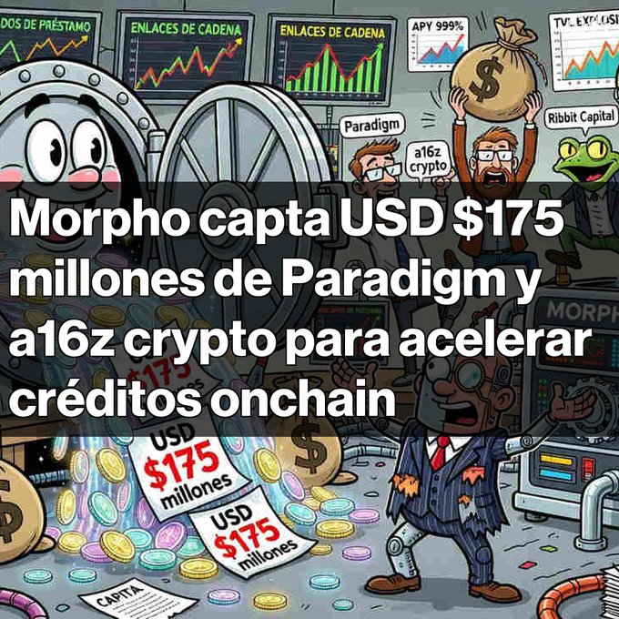 A Spanish-language cartoon-style news graphic announcing 'Morpho capta USD $175 millones de Paradigm y a16z crypto para acelerar créditos onchain', featuring caricatures of investors and a vault-like setting.