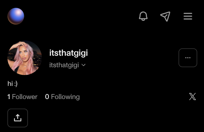 A screenshot of a Zora profile for "itsthatgigi" (display name: itsthatgigi) showing "hi :)" as the bio, 1 follower, and 0 following, which the poster is using to invite others to follow them on the platform.
