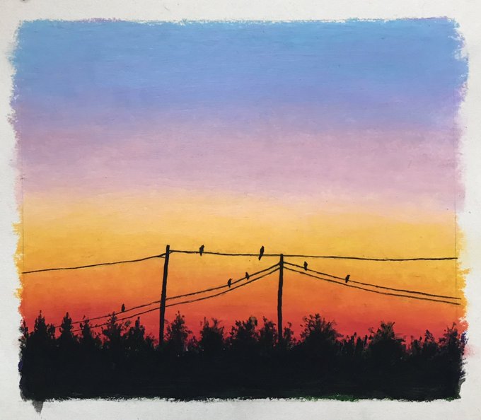 A painting of a vibrant sunset with birds perched on power lines silhouetted against a gradient sky of blue, pink, orange, and yellow.