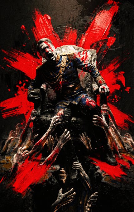 Dark artwork featuring a screaming man in blood-stained regal attire seated on a throne of reaching hands, set against a black background with striking red paint splatter forming an X.