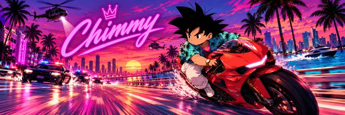 A vibrant anime-style banner featuring a spiky-haired character riding a red motorcycle through a neon sunset cityscape, with "Chimmy" written in bold pink script. The image aligns with the giveaway post by showcasing the creator's stylized branding to attract followers and reposts in exchange for a chance to win 0.5 SOL.