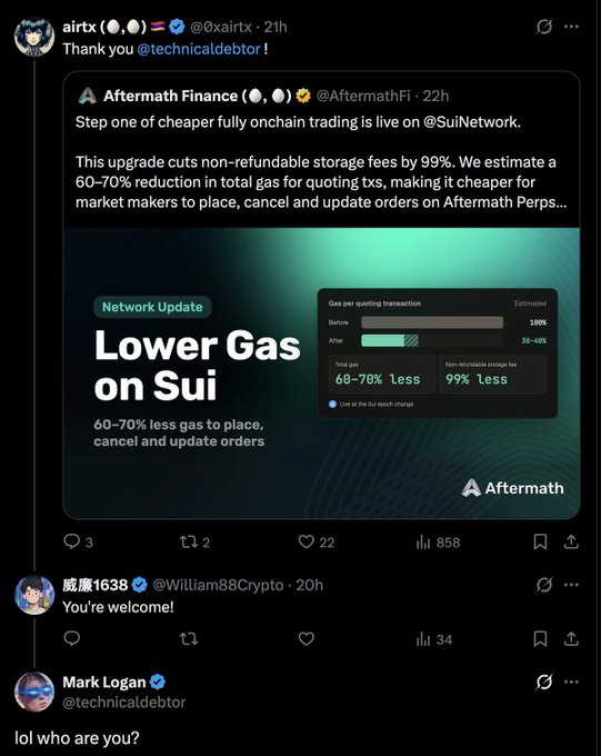A Twitter/X thread where 'airtx' thanks '@technicaldebtor' for sharing an Aftermath Finance post titled 'Lower Gas on Sui', which highlights 60-70% less gas and 99% less non-refundable storage fees.