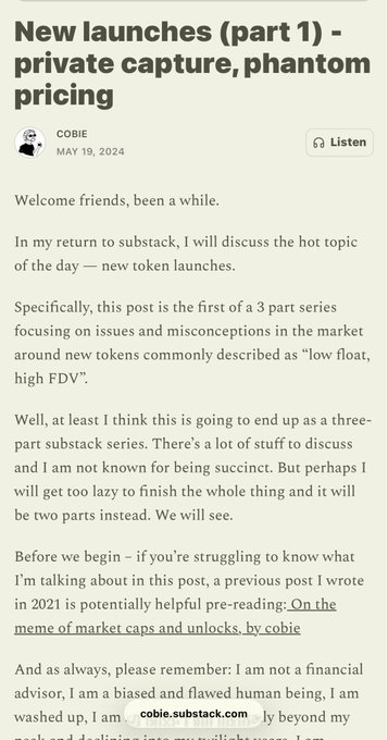 A Substack post titled "New launches (part 1) - private capture, phantom pricing" by Cobie, dated May 19, 2024, introducing a 3-part series on misconceptions surrounding "low float, high FDV" token launches. The image directly relates to the accompanying post discussing Cobie's analysis of memecoin dynamics, as this article appears to be the foundational piece on VC-backed tokens that preceded and influenced the memecoin bundling issues mentioned.