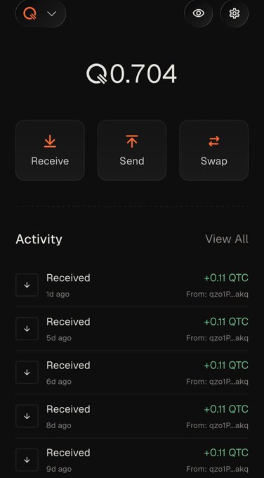 A mobile cryptocurrency wallet app screenshot showing a balance of "Q 0.704" with options to Receive, Send, and Swap, along with an Activity log of multiple "Received +0.11 QTC" transactions from "qzo1P...akq" over the past 9 days.