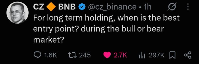 A screenshot of an X (Twitter) post by CZ (cz_binance) with a verified checkmark asking: 'For long term holding, when is the best entry point? during the bull or bear market?' The post has 1.6K replies, 245 retweets, and 2.7K likes.