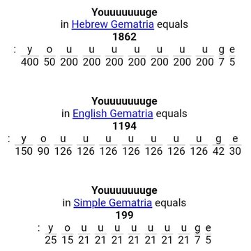 A gematria calculation chart showing the numerical value of "Youuuuuuge" across three systems: Hebrew Gematria (1862), English Gematria (1194), and Simple Gematria (199).