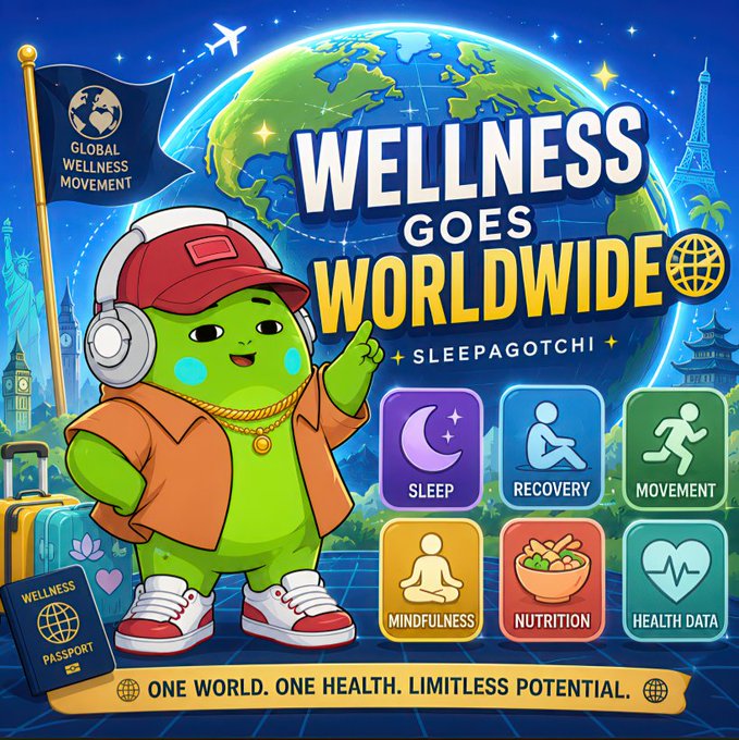 The image features a cartoon character wearing headphones and standing next to a globe with various wellness-related icons such as a bowl of fruit, a book, and a heart symbolizing love for oneself. The character also has a passport and suitcase nearby, suggesting that they are on an adventure related to wellness or travel. The post promotes the idea of using digital collectibles like this character's NFTs (Notable Figures) in conjunction with real-life tools such as wellness apps to improve one's well-being and lead a healthier lifestyle.