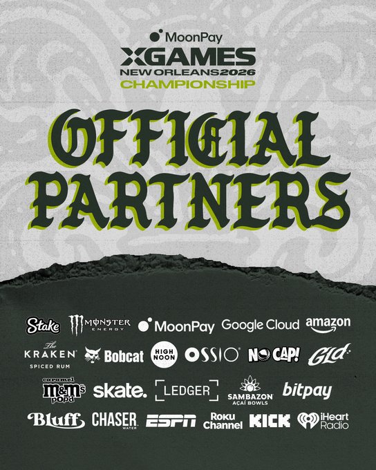 Official partners graphic for the MoonPay X Games New Orleans 2026 Championship, featuring logos of sponsors including Stake, Monster Energy, Google Cloud, Amazon, The Kraken Spiced Rum, Bobcat, High Noon, Ossio, No Cap!, GLD, M&M's, Skate, Ledger, Sambazon Acai Bowls, BitPay, Bluff, Chaser, ESPN, Roku Channel, Kick, and iHeartRadio, complementing the post's announcement of the all-star partner lineup for the event.