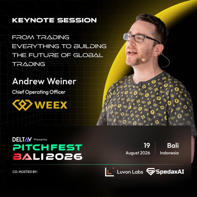 Andrew Weiner, Chief Operating Officer of WEEX, is featured as a keynote speaker at Pitch Fest Bali 2026, presenting on "From Trading Everything to Building the Future of Global Trading." The promotional graphic highlights the event taking place on August 19 in Bali, Indonesia, co-hosted by Luvon Labs and Spedax AI, aligning with the post's focus on his leadership and WEEX's expansion across global markets.