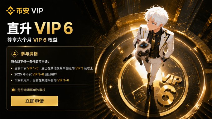 A promotional banner for 币安 (Binance) VIP 6, featuring a white-haired anime-style character holding a small robot, with text about VIP upgrade eligibility and a 'Apply Now' (立即申请) button.