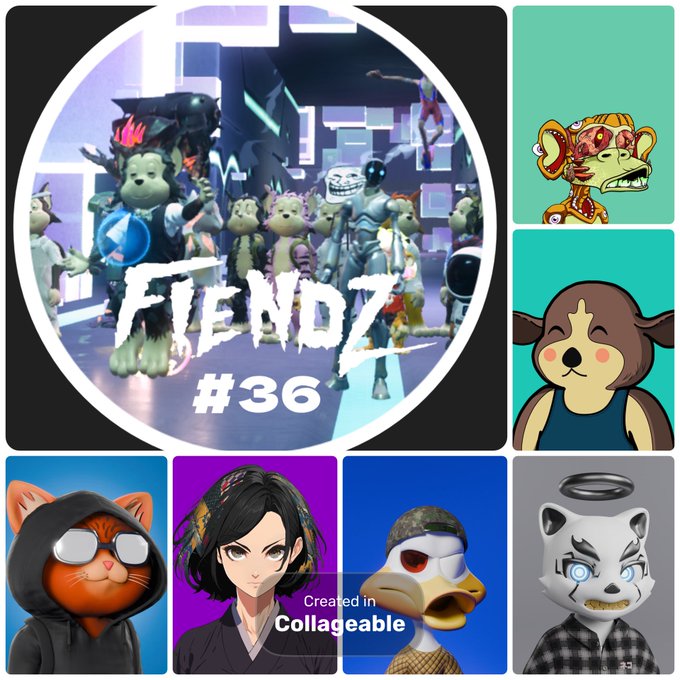 A collage titled 'FIENDZ #36' featuring various NFT characters including bears, a tiger, a monkey, an anime figure, and a bird, created with Collageable.