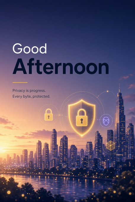 A 'Good Afternoon' greeting graphic with a city skyline at sunset, featuring lock icons and the tagline 'Privacy is progress. Every byte, protected.'