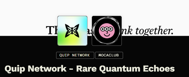 The image features a banner with two cartoon faces, one of which has a pink face while the other has a black face. The text on the banner reads "Quip Network - Rare Quantum Echoes" and "Gmoca @MocaClub @quipnetwork - Rare Supply: 1000". This suggests that there is an art collection called "Rare Quantum Echoes" created by MocaFam! using the Quip network, which is a unique and rare form of art. The post also mentions that this art collection is available for free on the internet.